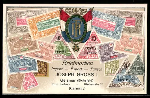 AK Briefmarken und Wappen, Protectorat deja Cote des Somalis, Flagge, Import-Export Joseph Gross I.