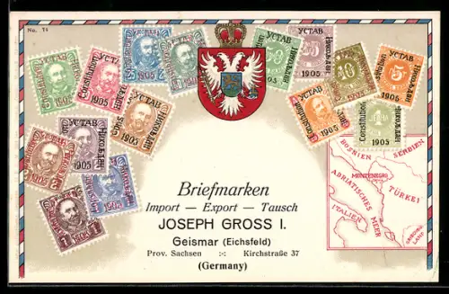 AK Briefmarken und Wappen Montenegro, Krone, Landkarte