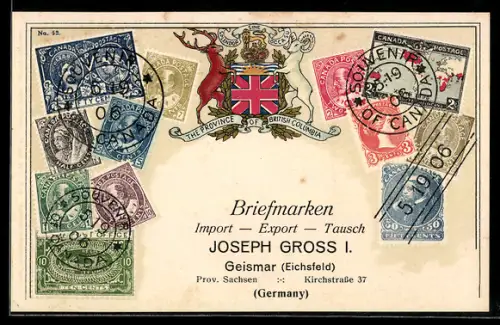 AK Briefmarken, Wappen der Provin Britisch Kolumbiens