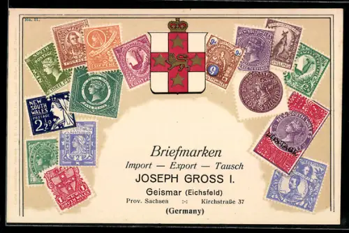 AK Englische Briefmarken Ein, Zwei, Fünf, Acht Pence, mit Wappen