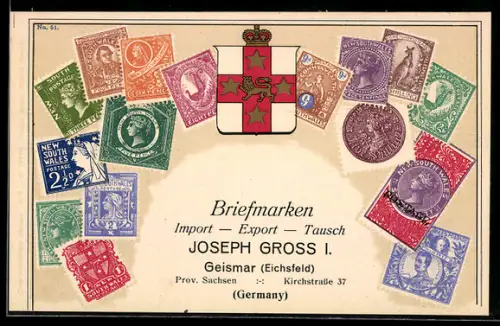 AK Englische Briefmarken Ein, Zwei, Fünf, Acht Pence, mit Wappen