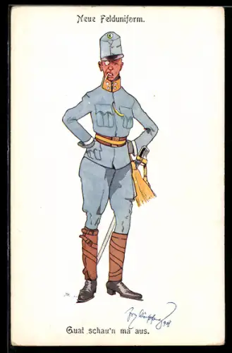 Künstler-AK Fritz Schönpflug: Soldat in neuer Felduniform mit Säbel