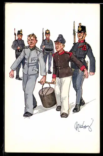 Künstler-AK Fritz Schönpflug: Österreichischer Soldaten in Uniform mit Kriegsgefangenen