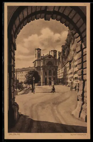 Künstler-AK Salzburg, Gstättengasse mit Kirche