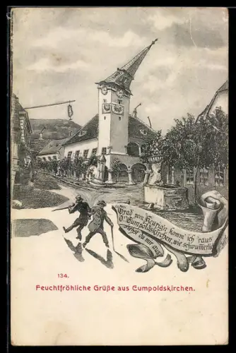 Künstler-AK Gumpoldskirchen, Marktplatz mit Kirche und Brunnen