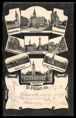 AK St. Pölten /N.Öe., Rathaus, Rathausplatz, Herrenplatz, Linzerstrasse, Kremserstrasse und Domkirche