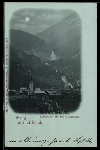 Mondschein-AK Krimml, Teilansicht des Ortes mit den drei Wasserfällen