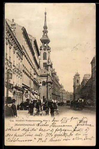 AK Wien, Mariahilferstrasse, Strassenansicht mit Kirche