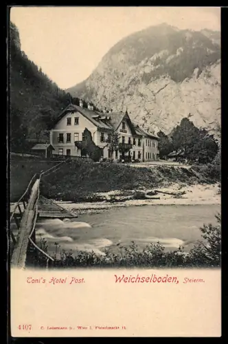 AK Weichselboden /Steierm., Toni`s Hotel Post, Fluss und Brücke