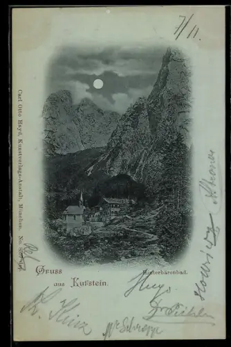 Mondschein-AK Kufstein, Hinterbärenbad, Bergtal mit Häusern und steilen Felswänden