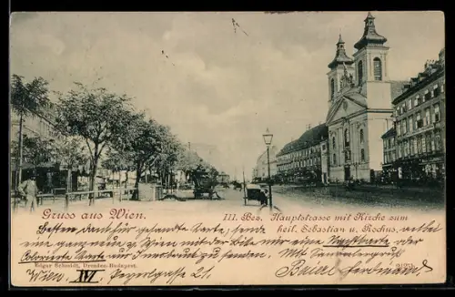 AK Wien, Hauptstrasse mit Kirche zum hl. Sebastian und Rochus