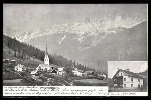 AK Oberdrauburg, Zwickenberg, Gasthaus Perlhof, Ortsansicht mit Kirche und Bergpanorama