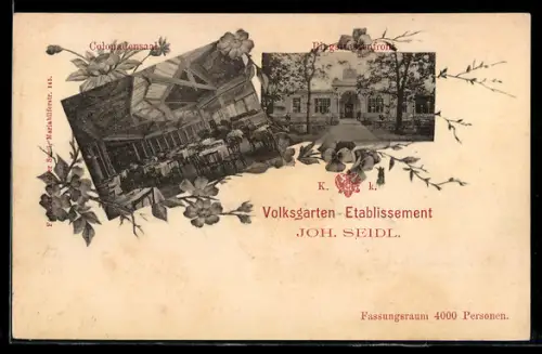 AK Wien, Restaurant Volksgarten-Etablissement Joh. Seidl, Kolonnadensaal und Ringstrassenfront
