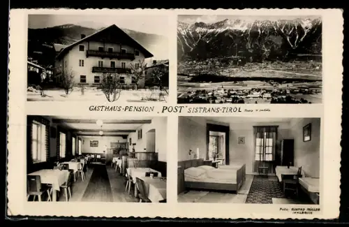 AK Sistrans b. Innsbruck, Gasthaus-Pension Post, Besitzer Franz und Maria Huber, Aussenansicht, Speisesaal, Zimmer