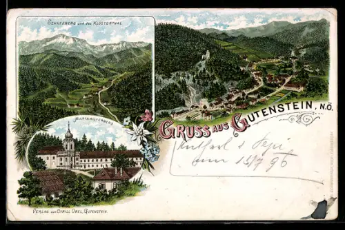 Lithographie Gutenstein /N.Ö., Panorama mit Schneeberg und Klostertal, Mariahilferberg