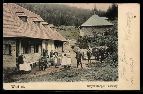AK Kirchberg am Wechsel, Steyersberger Schwaig, Almhütte mit Personen