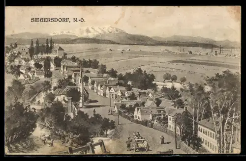 AK Pottendorf /N.-Ö., Siegersdorf, Panorama mit Ort, Kirche und Gebirgszug