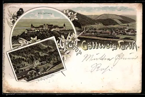 Lithographie Furth bei Göttweig, Panorama, Stift Göttweig und St. Blasius-Kapelle