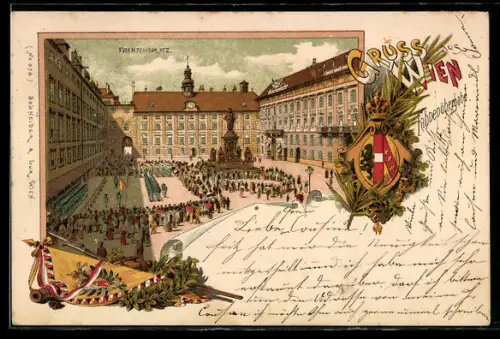 Lithographie Wien, Franzensplatz bei der Fahnenübergabe