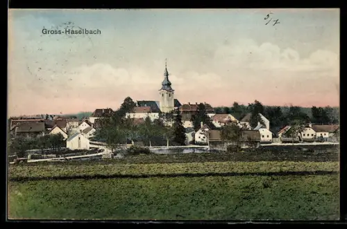 AK Gross-Haselbach, Panorama mit Kirche