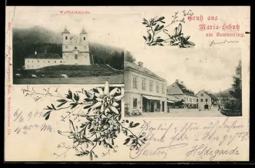 AK Maria Schutz am Semmering, Wallfahrtskirche und Ortsstrasse
