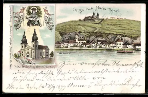 Lithographie Maria Taferl, Panorama mit Marbach und Kirche