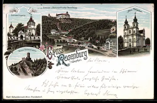 Lithographie Rosenburg i. Kamptal, Schloss Rosenburg, Ruine Schauenstein, Kirche Maria Dreieichen
