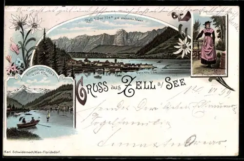 Lithographie Zell a. See, Panorama mit See und Kitzsteinhorn, Frau in Pinzgauer Volkstracht