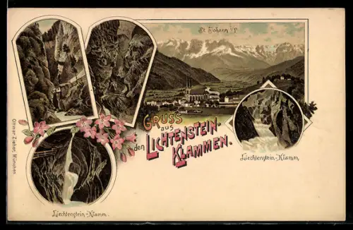 Lithographie St. Johann i. Pongau, Lichtenstein-Klamm, Panorama mit Ort und Kirche