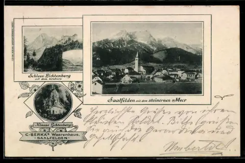 AK Saalfelden, Panorama mit dem steinernen Meer, Schloss Lichtenberg, Klause Lichtenberg