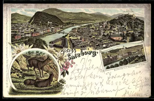 Lithographie Salzburg, Panorama mit Altstadt, Salzach und Festung Hohensalzburg, Stadtbrücke mit elektr. Aufzug