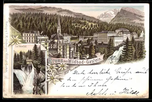 Lithographie Wildbad-Gastein, Ortsansicht mit Hotelbauten u. Kirche, Oberer Wasserfall