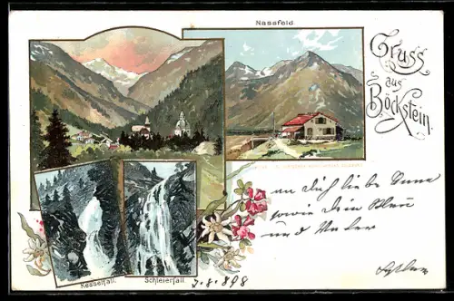 Lithographie Böckstein, Gasthaus auf dem Nassfeld, Kesselfall, Schleierfall
