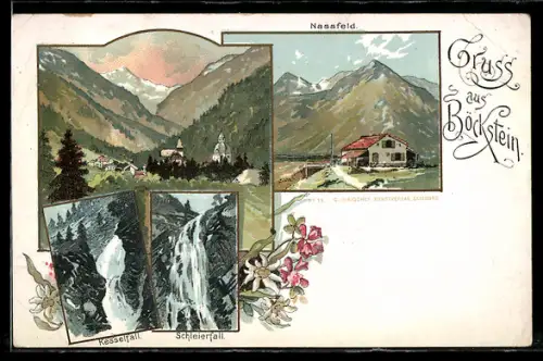 Lithographie Böckstein, Gasthaus auf dem Nassfeld, Panorama mit Kirche, Kesselfall und Schleierfall