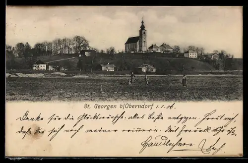 AK St. Georgen bei Salzburg, Ortsansicht mit Kirche auf Hügel