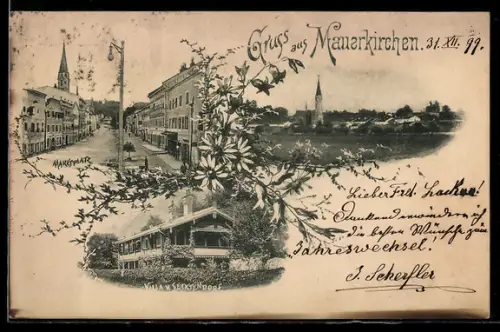 Lithographie Mauerkirchen, Marktplatz, Panorama mit Kirche, Villa von Secktendorf
