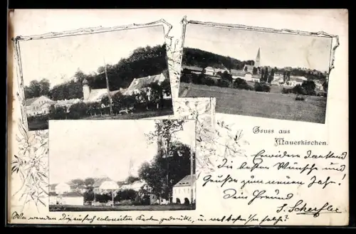 AK Mauerkirchen, Ortsansichten mit Kirche und Gehöften