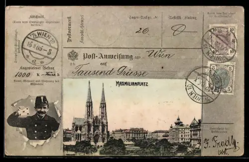 AK Wien, Maximilianplatz, Platzansicht mit Kirche und Stadthäusern, Postbeamter mit Brief