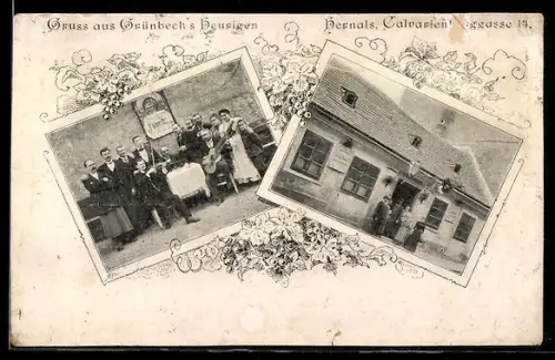 AK Wien, Hernals, Gasthaus Grünbecks Heurigen, Calvariengasse 14, Gruppenbild und Hausfront
