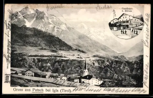 AK Patsch bei Igls, Gasthaus z. Bären, Ortspanorama mit Kirche und Bergmassiv