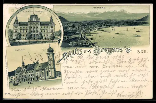 Lithographie Bregenz a. B., Panorama mit See und Bergen, Rathaus, Postgebäude
