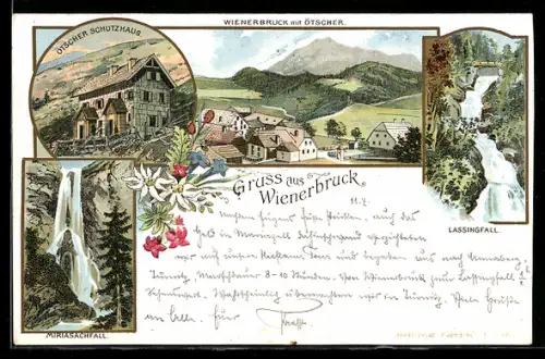 Lithographie Wienerbruck, Panorama mit Ötscher, Ötscher-Schutzhaus, Lassingfall, Miriasachfall