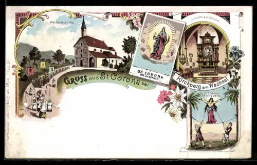 Lithographie St. Corona bei Kirchberg, Wallfahrtskirche, Inneres der Kirche