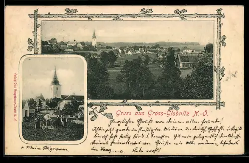 AK Zwettl /N.-Ö., Grossglobnitz, Ortspanorama & Kirche im Passepartout