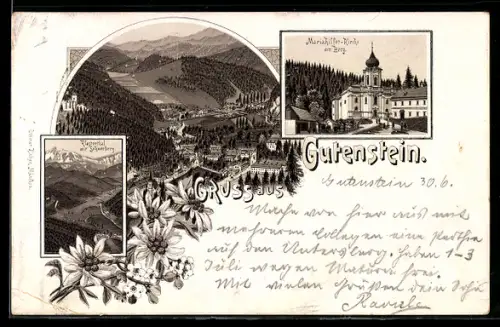 Vorläufer-Lithographie Gutenstein /Klasterthal, 1895, Mariahilfer-Kirche am Berg