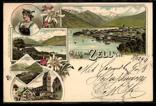 Lithographie Zell a. See, Bahnhof und Hotel Elisabeth, Marktplatz