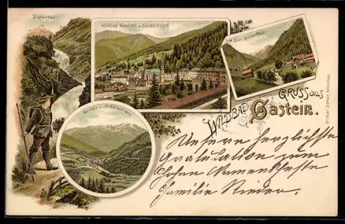 Lithographie Bad Gastein, Elisabethhof, Bärenfall, Zum grünen Thal