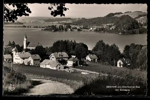 AK Seeham am Obertrumer-See, Panorama mit Kirche und See