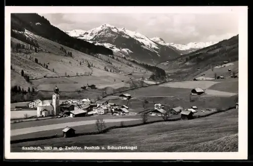 AK Saalbach, Panorama mit Kirche, Zwölfer, Penhab und Schusterkogel