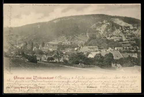 AK Wöllersdorf, Ortsansicht mit Kirche und Hügelpanorama